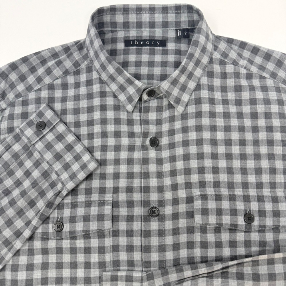 Theory Mens Large Grey Gingham Check Cotton Button Down Long Sleeve Shirt FLAW